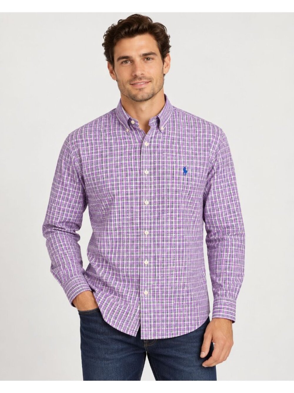 Ralph Lauren Mens Yarmouth Dress Shirt Long Sleeve Purple Plaid 17-34 | XL